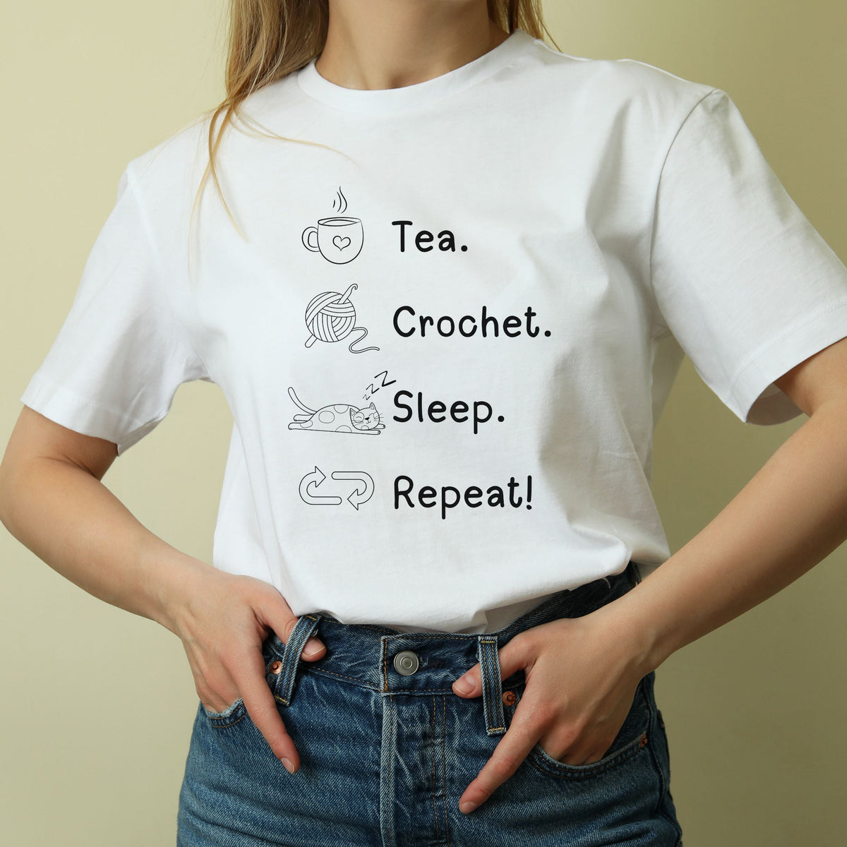 Tea. Crochet. Sleep. Repeat! Colourful Fitted T-shirt by Brunaticality