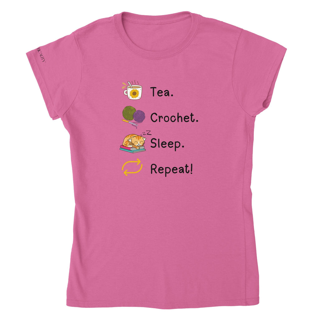 Tea. Crochet. Sleep. Repeat! Colourful Fitted T-shirt by Brunaticality