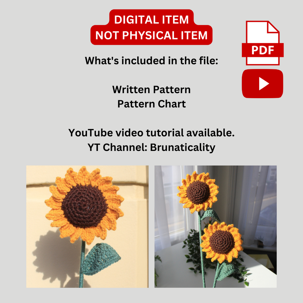 Crochet Sunflower Pattern, Sunflower for Bouquets, Sunflower, Crochet Sunflower, Crochet Written Pattern, Brunaticality