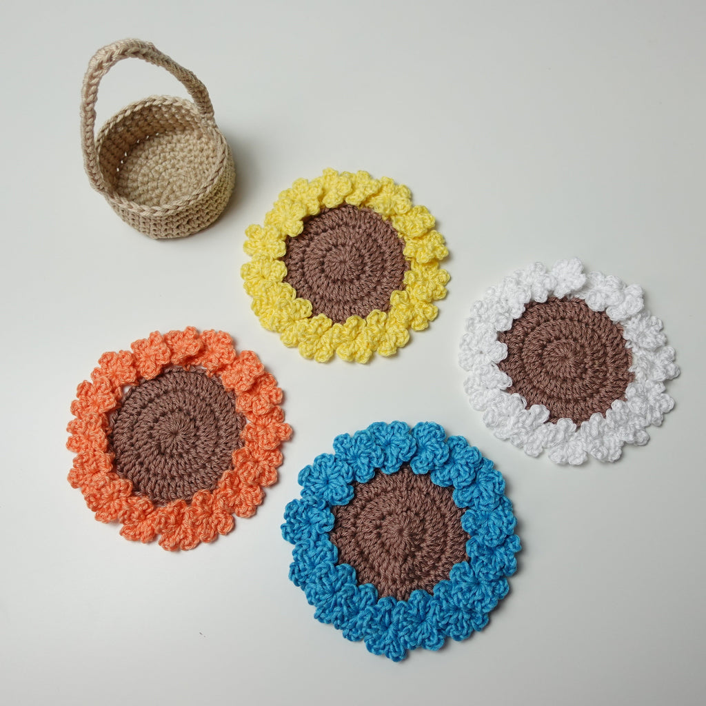 Crochet Basket Flower Coaster Set, Crochet Written Pattern, Crochet Coaster, Crochet Plant Pot Coaster, Brunaticality