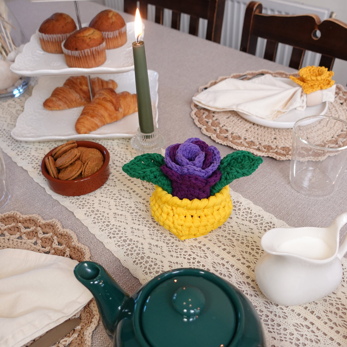 Crochet Tulip Flower Pot Coaster Set Written Pattern, flower crochet coaster, crochet flower pot coaster pattern, Brunaticality